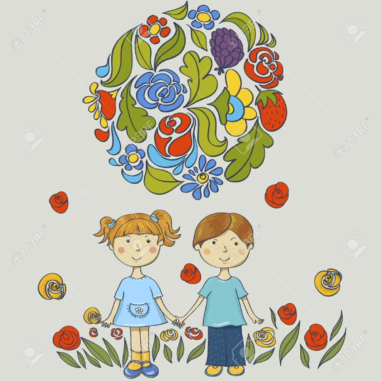 14589512-Friends-characters-on-the-background-of-flowers-Children-holding--Stock-Photo.webp