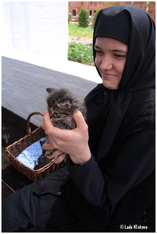 монахиня  раздаёт котят у храма монастыря.webp